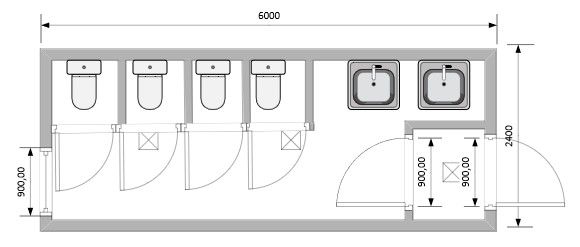 Блок-Контейнер сантехнический туалет на 4 кабинки с умывальниками и тамбуром: ВМ-С04
